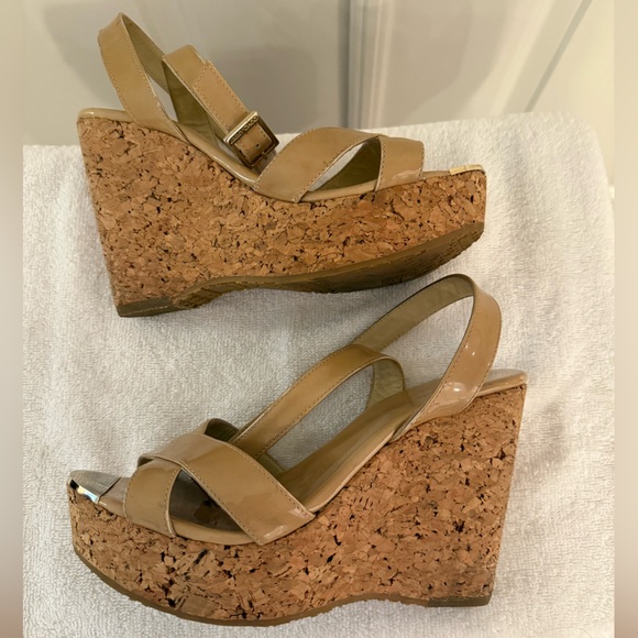 Jimmy Choo Shoes - Jimmy Choo Tan Patent Cork Wedge Ankle Strap Sandals